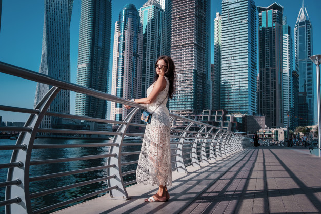 Woman Tourist Visiting the Attractive Dubai Marina 