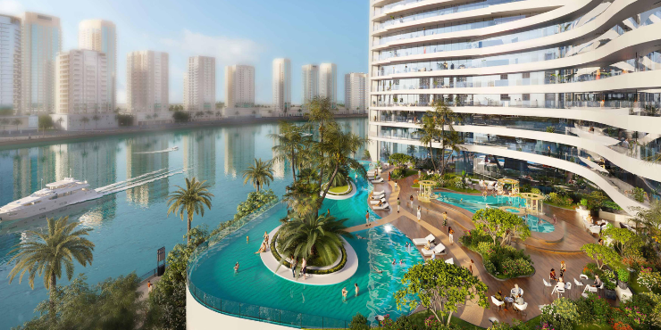 Stunning view of Canal Heights 2 luxury apartments with Dubai Canal in the foreground.