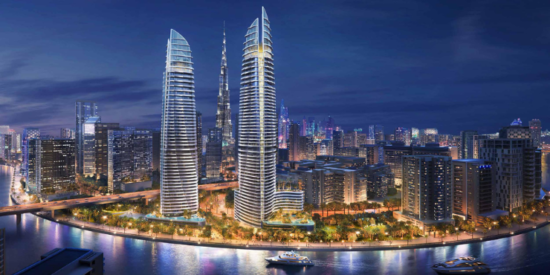 Stunning view of Canal Heights 2 luxury apartments with Dubai Canal in the foreground.