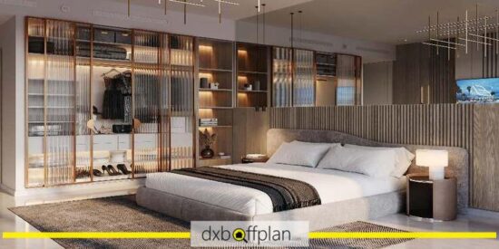 Binghatti Galaxy Apartments: Spacious bedroom with large bed and city views.