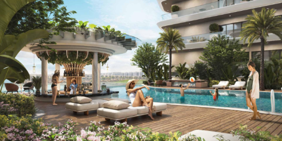 Swimming pool and resort-style amenities at Elo 2 in Damac Hills 2.