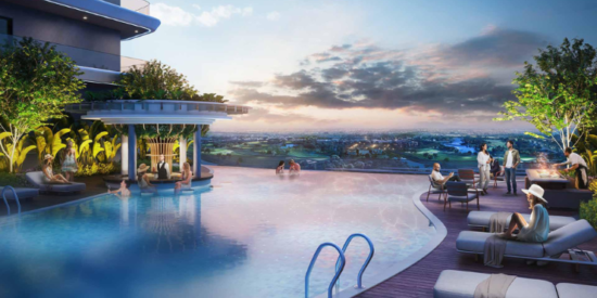 Swimming pool and resort-style amenities at Elo 2 in Damac Hills 2.
