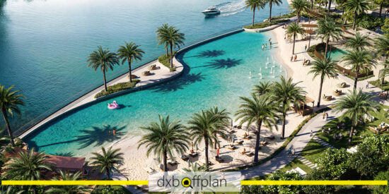 Panoramic view of the Dubai Creek Harbour skyline featuring the Address Residences in the foreground.