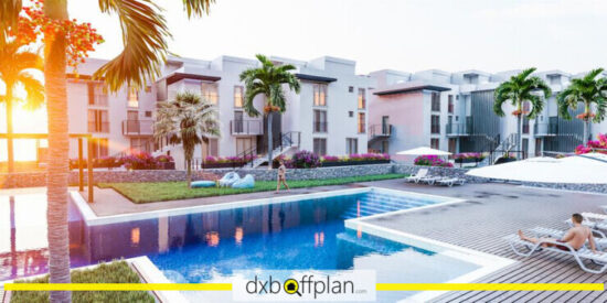 Private swimming pool at Atlantis Villas & Apartments surrounded by beautifully landscaped gardens.