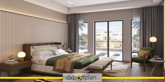 Damac Sun City Townhouses: Elegant bedroom with modern furnishings and large windows.