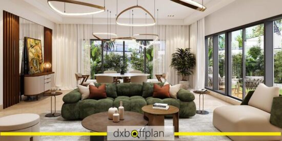 Damac Sun City Townhouses: Spacious living room with modern furnishings and large windows.