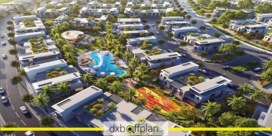 Damac Sun City Townhouses: Row of townhouses showing uniform design and well-maintained common areas.