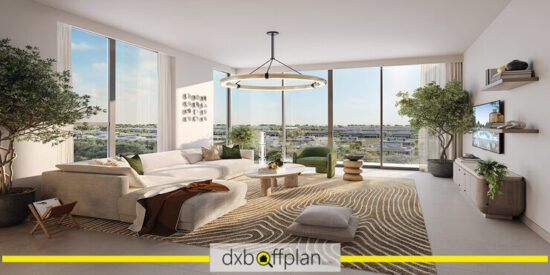 Golf Hillside at Dubai Hills Estate: Modern living room with stylish furniture and large windows.