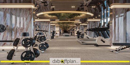 One Sky Park Apartments: State-of-the-art gym with modern equipment and stylish design.