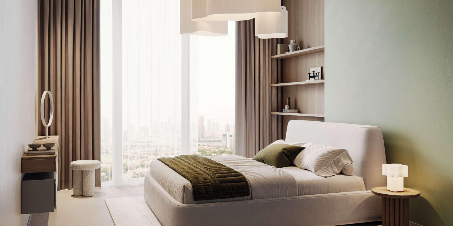 Aurel1a Residences - Bedroom: Cozy bedroom with plush bedding and a balcony view.