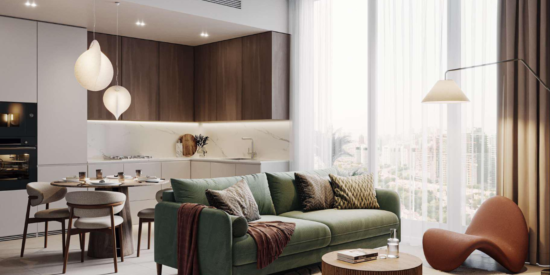 Aurel1a Residences - Living Room: Modern living room with stylish furniture and large windows offering city views.