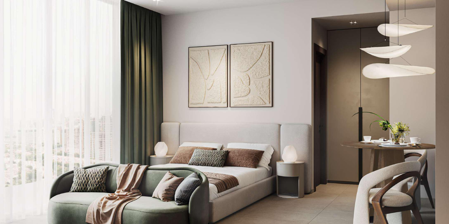 Aurel1a Residences - Bedroom: Elegant bedroom featuring plush bedding and a balcony with skyline views.