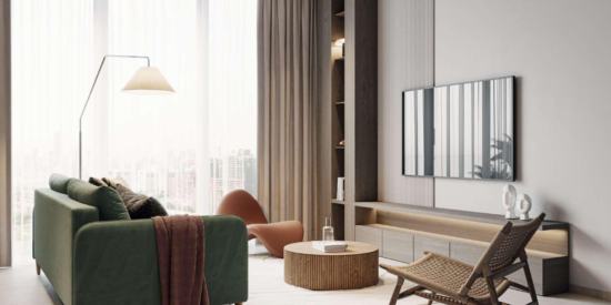 Aurel1a Residences - Living Room: Stylish living room with contemporary furniture and city views.