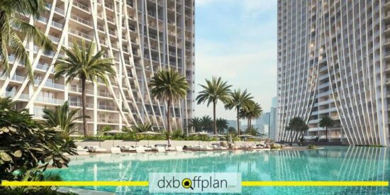 Binghatti Skyrise swimming pool with stunning views of the Dubai skyline