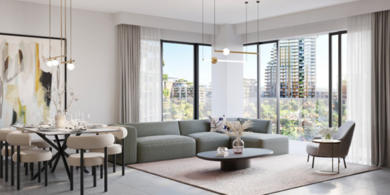 Central Park Plaza - Living Room: Spacious living room with city skyline views.