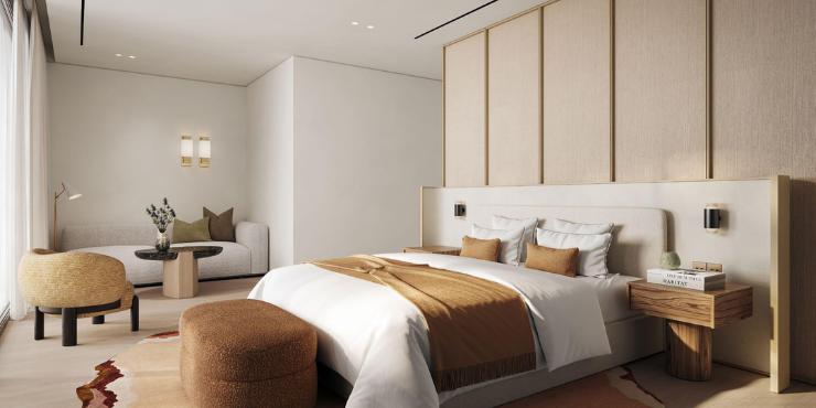 Eden House: Spacious bedroom with minimalist design.