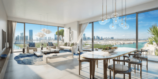 Rivage at Al Reem Island spacious living room with panoramic views of the sea.
