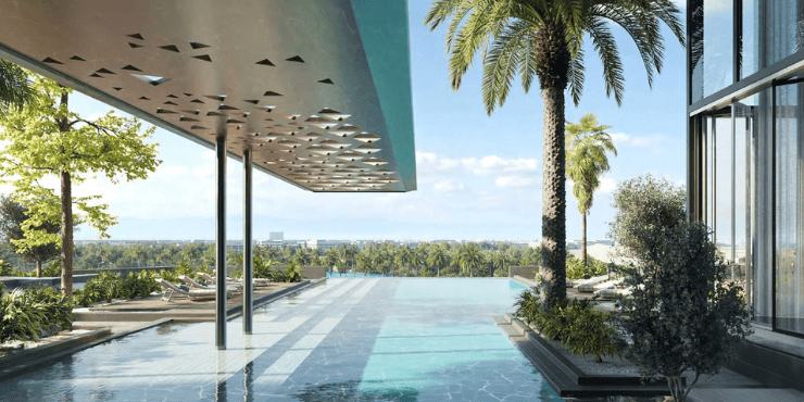 Resort-style pool with shaded seating at The Highgrove Residences