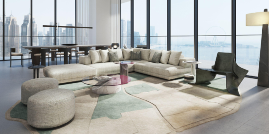 W Residences: Spacious living room with stunning harbor views.