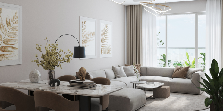 Cozy living room with contemporary furnishings in Ajman One Phase 2.