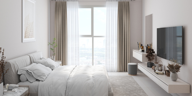 Spacious bedroom with modern design at Ajman One Phase 2.