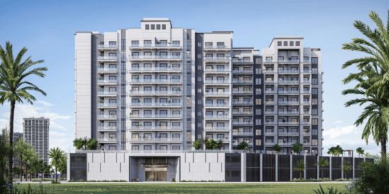 Avenue Residence 7 exterior view showcasing its 12-story luxury design in Al Furjan, Dubai.