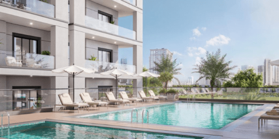 Swimming pool with a stunning view of the Dubai skyline at Avenue Residence 7