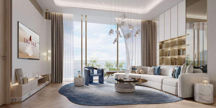 Modern living room with floor-to-ceiling windows at Beach Walk Grand.