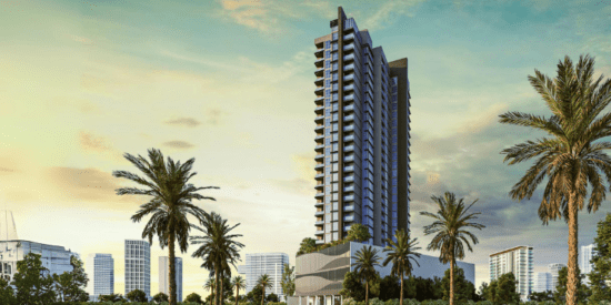 Exterior view of Century Tower with sleek Gainsborough shade facade.