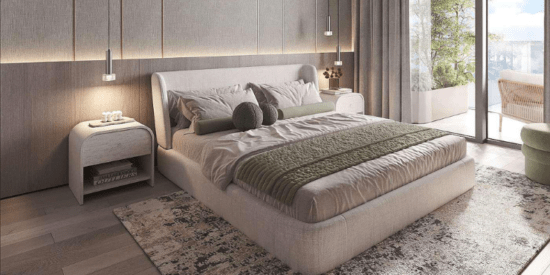 Cove Edition 3 elegant studio bedroom with premium finishes and ambient lighting.