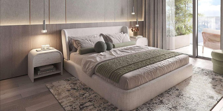 Cove Edition 3 elegant studio bedroom with premium finishes and ambient lighting.