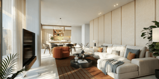 Modern living room featuring sleek furniture and floor-to-ceiling windows. 