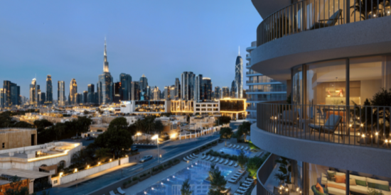 Aerial view of Eden House apartments by Dubai Water Canal.