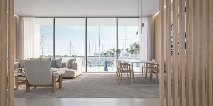 Gateway Porto Al Zorah: Spacious living room with panoramic marina views.