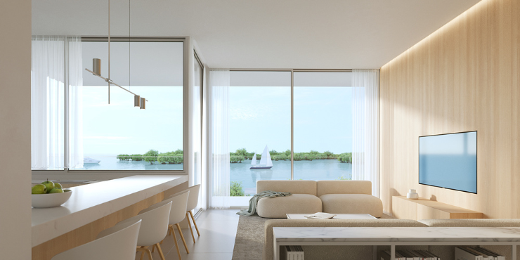 Gateway Porto Al Zorah: Spacious living room with panoramic marina views.