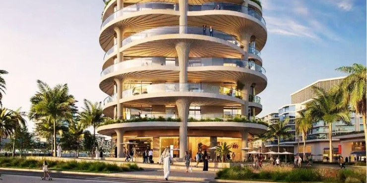 Mamsha Palm façade – tree-like columns and organic design elements.