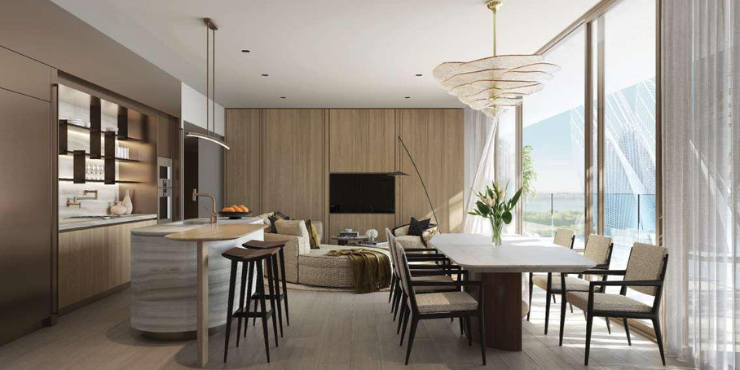 Mandarin Oriental Residences – elegant living room with panoramic views.