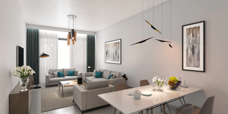 Marina Living Dubai Marina – Modern living room in a 2-bedroom apartment.