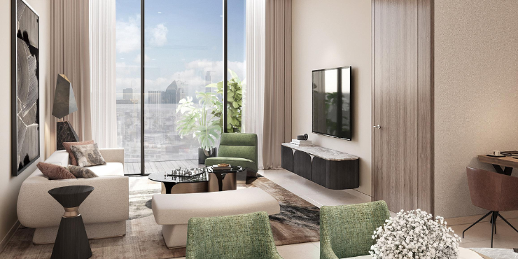 Spacious living room in a one-bedroom unit at Marriott Residences JLT.