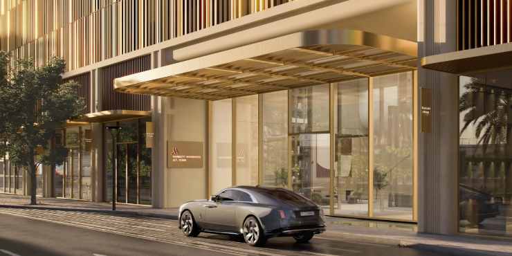 Grand entrance of Marriott Residences JLT, showcasing its impressive architectural design.