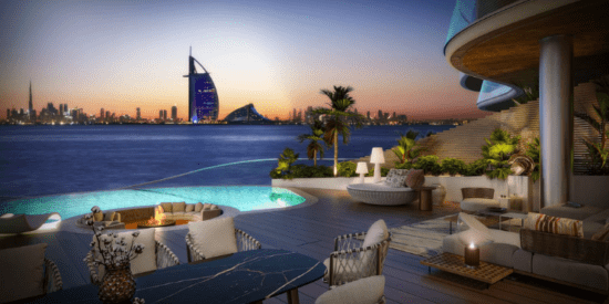 One Crescent private swimming pools with views of the Dubai skyline.