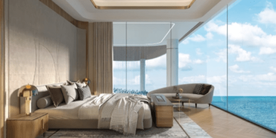 One Crescent luxurious bedroom with floor-to-ceiling windows and stunning views.