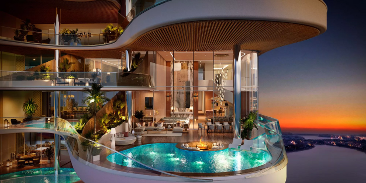 One Crescent private swimming pools with views of the Dubai skyline.