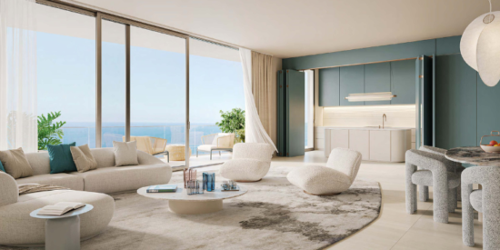 Spacious living room in a modern luxury apartment at Orise