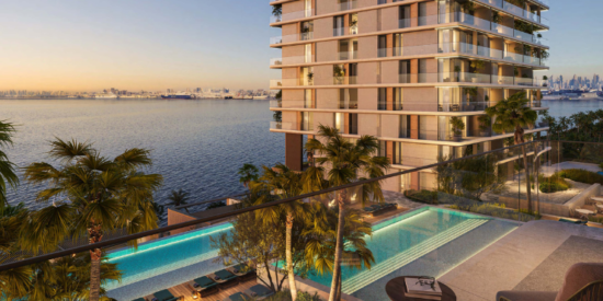 Infinity pool and landscaped gardens at Orise, Dubai Maritime City