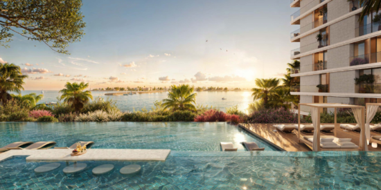 Infinity pool and landscaped gardens at Orise, Dubai Maritime City