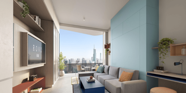 Rove Home Dubai Marina – Spacious and stylish living room with vibrant décor and comfortable seating.