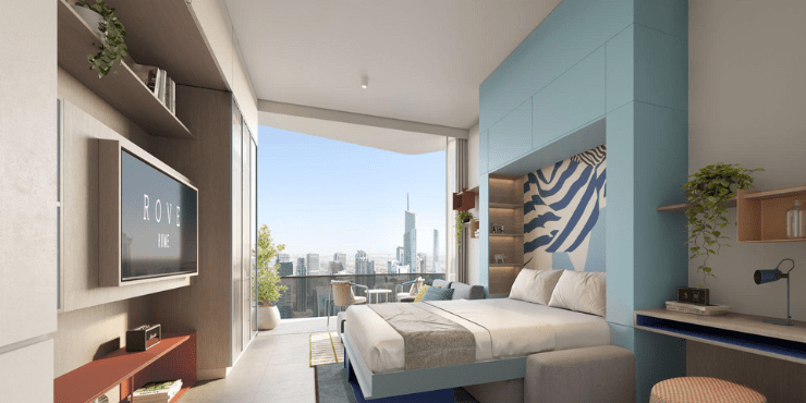 Rove Home Dubai Marina – Modern bedroom with contemporary design and ample natural light.