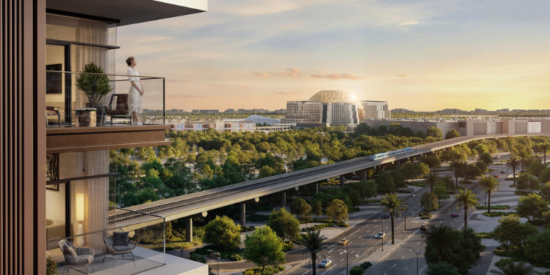 Terra Heights at Expo Living, illuminated city skyline view.