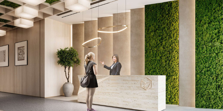 Sleek, modern reception desk at The Cube Residences in Meydan District 11.